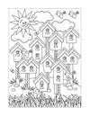 Birds village in spring coloring page